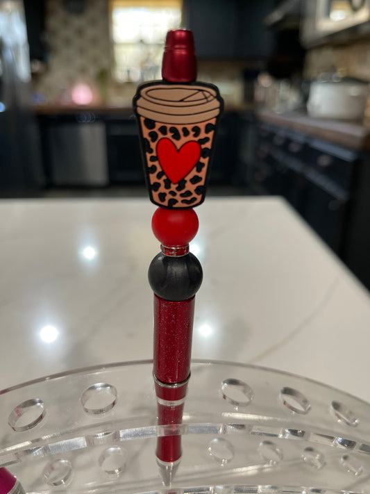 Leopard heart coffee cup pen