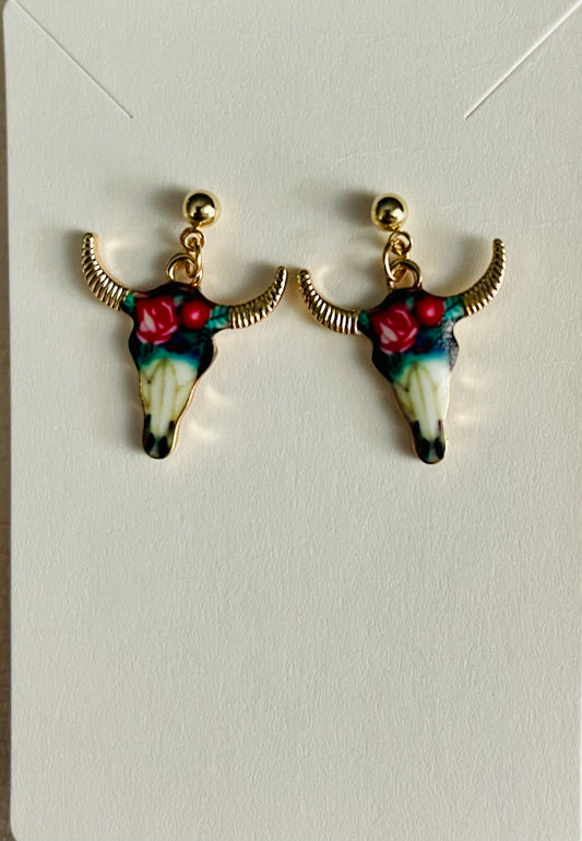 Small floral steer skull stud